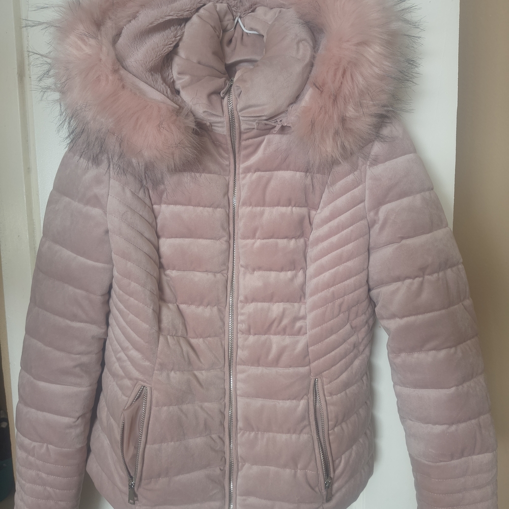 Fashion Nova Blush Puffer Jacket with Faux Fur Trim